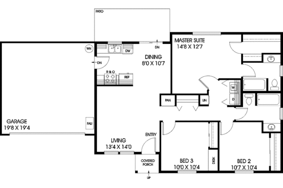 Floor Plan - Main Floor for Ranch House Plan #60-1022 - 3 bed, 2 bath