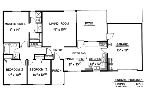 Floor Plan - Main Floor for Ranch House Plan #60-688 - 3 bed, 2 bath