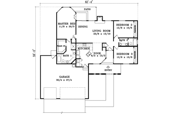 Floor Plan - Main Floor for Adobe / Southwestern House Plan #1-433 - 3 bed, 2 bath