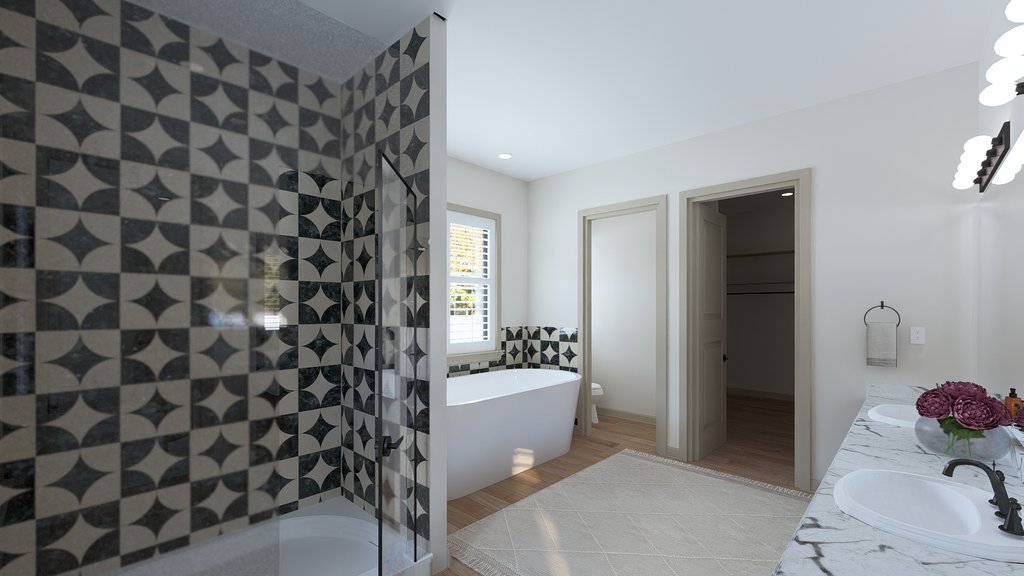 Bathroom with patterned tile in the shower and around the bathtub