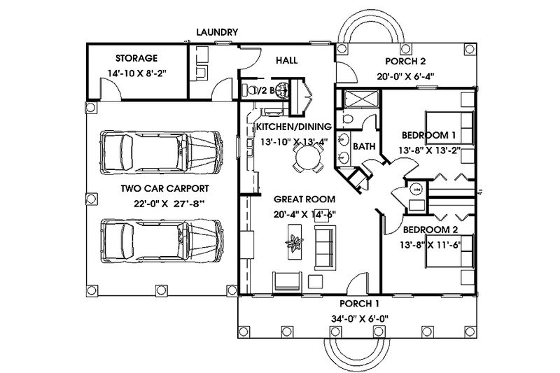Dream House Plan - Floor Plan - Main Floor for Country House Plan #44-216 - 2 bed, 1.5 bath