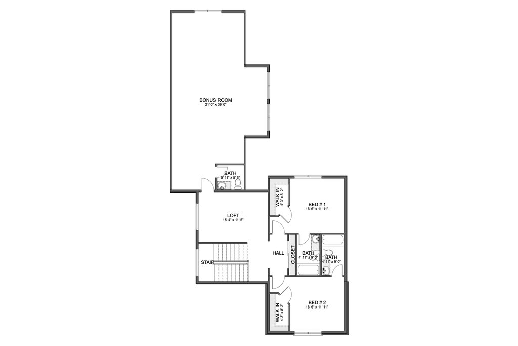 House floor plan for an upper level with two bedrooms, a loft, and a bonus room