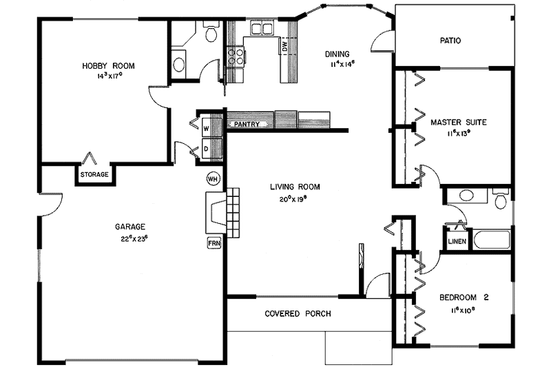 House Blueprint - Floor Plan - Main Floor for Ranch House Plan #60-893 - 2 bed, 2 bath