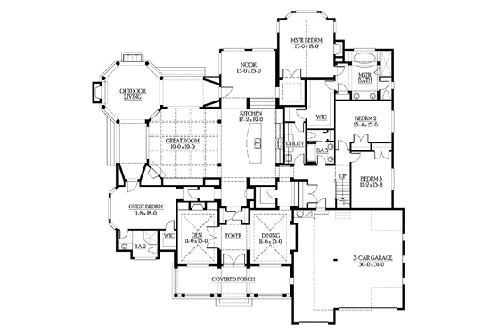Floor Plan - Main Floor for Craftsman House Plan #132-282 - 4 bed, 3 bath