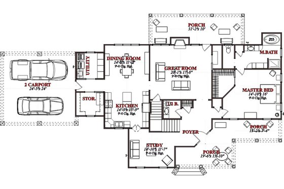 Floor Plan - Main Floor for Farmhouse House Plan #63-362 - 4 bed, 2 bath