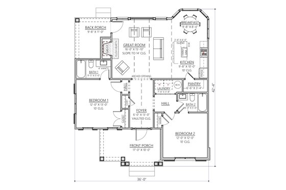 Floor Plan - Main Floor for Cottage House Plan #1094-14 - 2 bed, 2 bath