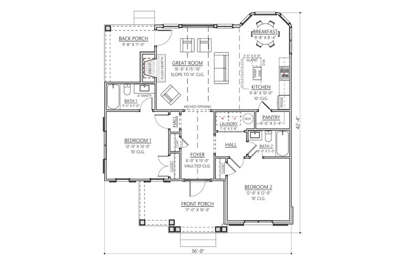 House Blueprint - Floor Plan - Main Floor for Cottage House Plan #1094-14 - 2 bed, 2 bath