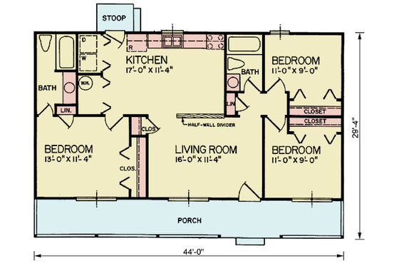 Floor Plan - Main Floor for Ranch House Plan #54-611 - 3 bed, 2 bath
