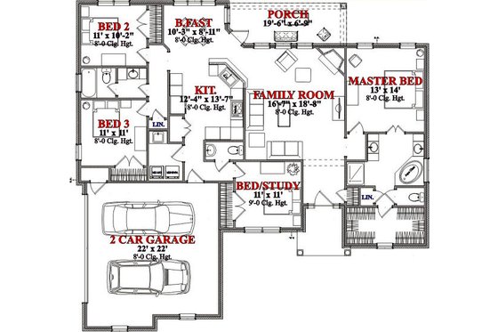Floor Plan - Main Floor for Ranch House Plan #63-169 - 4 bed, 2.5 bath