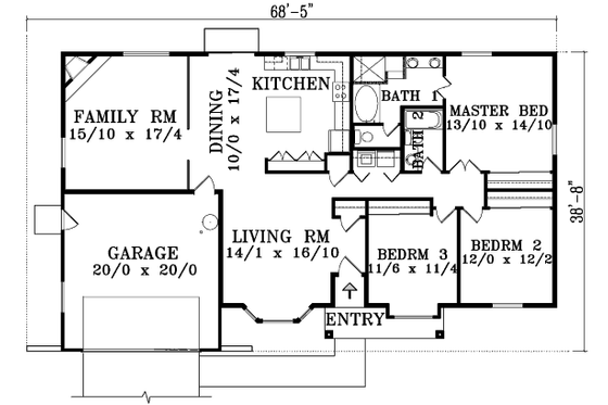 Floor Plan - Main Floor for Adobe / Southwestern House Plan #1-1358 - 3 bed, 2 bath