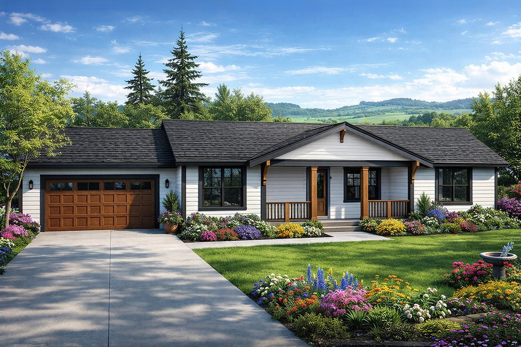 Exterior - Front Elevation 2 for Ranch House Plan #124-527 - 3 bed, 2 bath