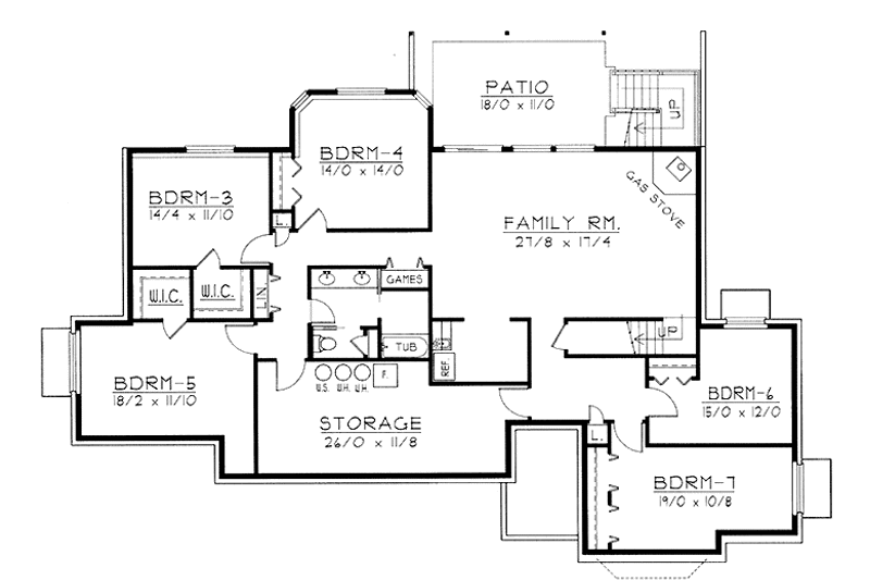House Blueprint - Floor Plan - Lower Floor for Traditional House Plan #1037-19 - 7 bed, 3.5 bath