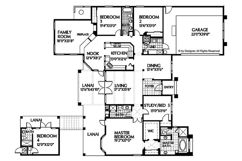 Home Plan - Floor Plan - Main Floor for Ranch House Plan #999-30 - 5 bed, 4 bath