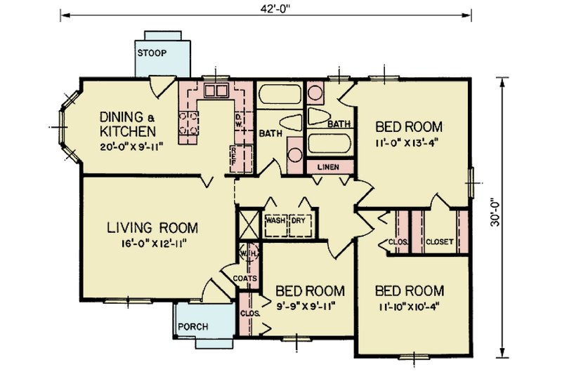 House Blueprint - Floor Plan - Main Floor for Traditional House Plan #54-662 - 3 bed, 2 bath