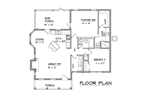 Floor Plan - Main Floor for Colonial House Plan #14-243 - 2 bed, 2 bath
