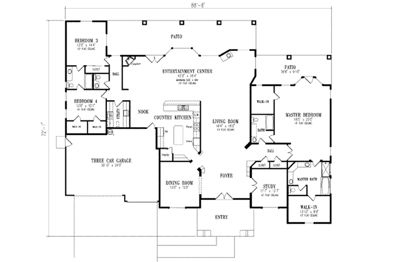 House Blueprint - Floor Plan - Main Floor for Adobe / Southwestern House Plan #1-874 - 4 bed, 3 bath