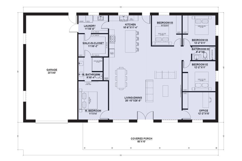 House Design - Floor Plan - Main Floor for Barndominium House Plan #1107-10 - 4 bed, 2 bath