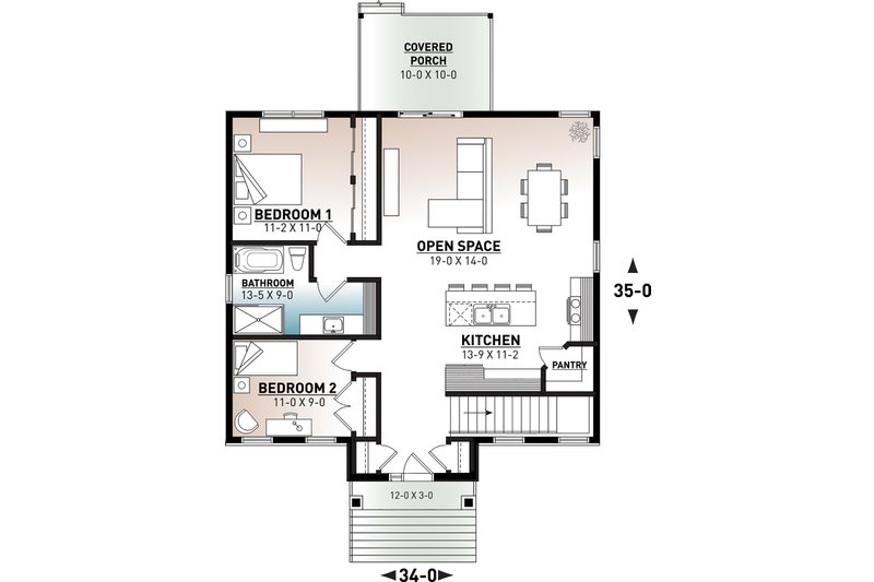 Home Plan - Floor Plan - Main Floor for Country House Plan #23-2730 - 2 bed, 1 bath