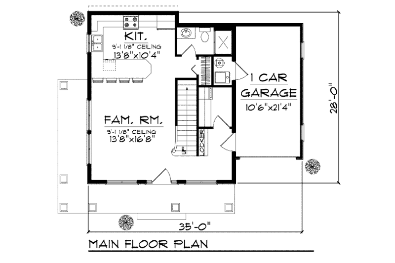 Home Plan - Floor Plan - Main Floor for Bungalow House Plan #70-969 - 2 bed, 1.5 bath