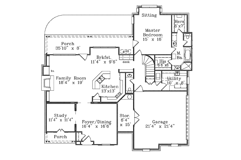 House Blueprint - Floor Plan - Main Floor for Country House Plan #985-11 - 3 bed, 2.5 bath