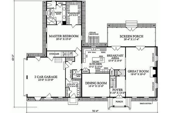 Colonial style, Southern design house plan, main level floorplan