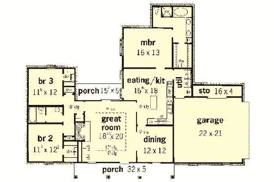 Floor Plan - Main Floor for Southern House Plan #16-136 - 3 bed, 2 bath