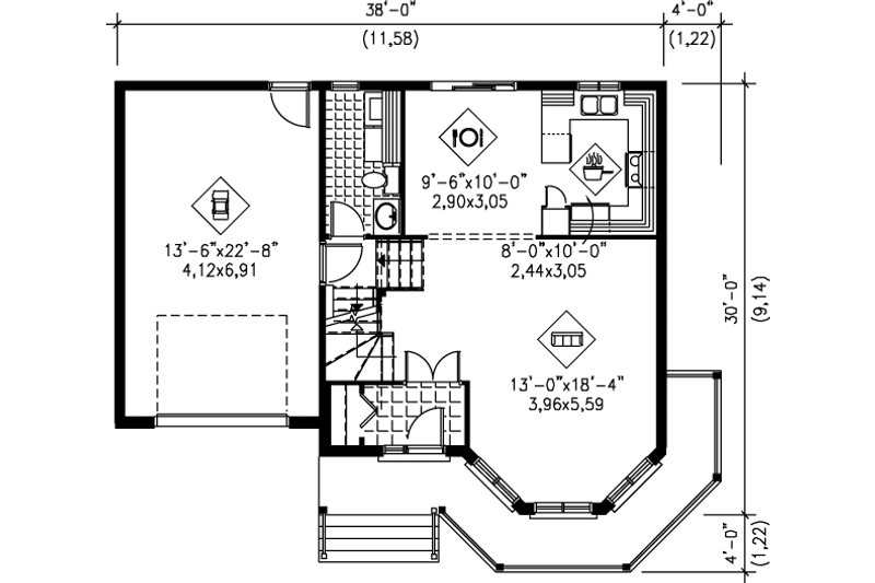 House Blueprint - Floor Plan - Main Floor for Country House Plan #25-273 - 3 bed, 1.5 bath