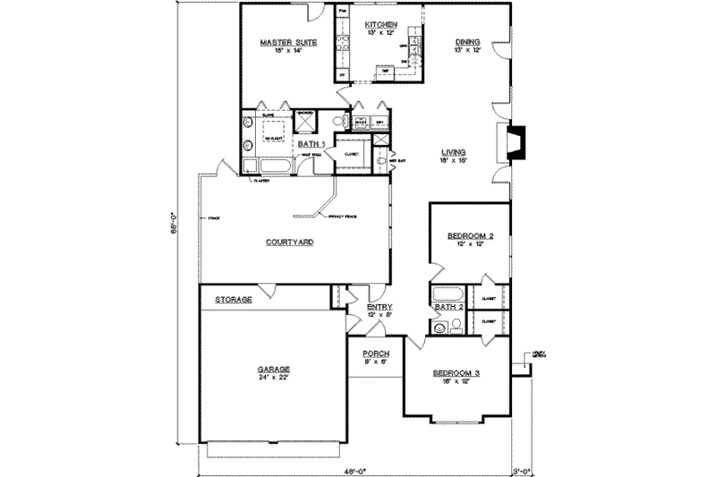 Home Plan - Floor Plan - Main Floor for Traditional House Plan #45-188 - 3 bed, 2 bath