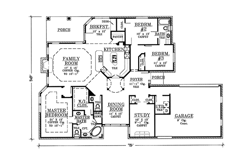 House Blueprint - Floor Plan - Main Floor for European House Plan #974-62 - 3 bed, 2.5 bath