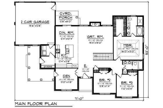 Floor Plan - Main Floor for Craftsman House Plan #70-1493 - 3 bed, 2 bath