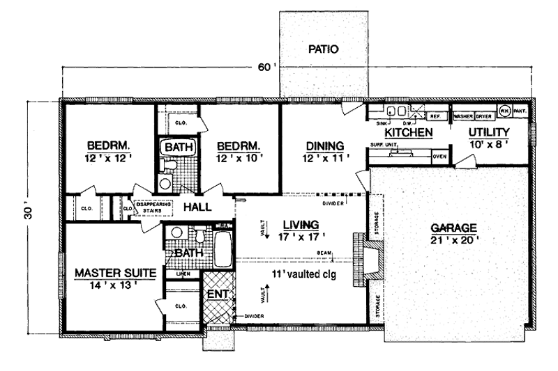 Architectural House Design - Floor Plan - Main Floor for Ranch House Plan #45-544 - 3 bed, 2 bath