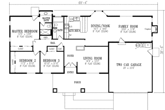 Floor Plan - Main Floor for Adobe / Southwestern House Plan #1-300 - 3 bed, 2 bath