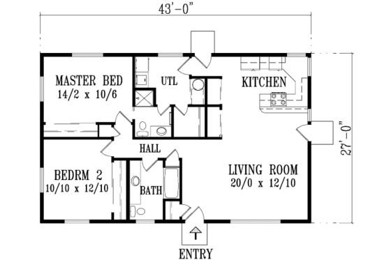 Floor Plan - Main Floor for Adobe / Southwestern House Plan #1-1059 - 2 bed, 2 bath