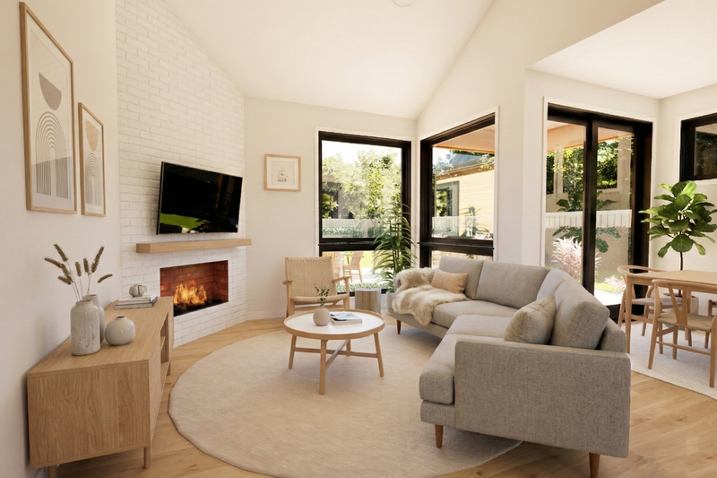 Living room with fireplace and view of the backyard
