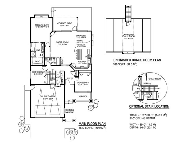 House Blueprint - Floor Plan - Main Floor for Craftsman House Plan #1100-177 - 3 bed, 2 bath