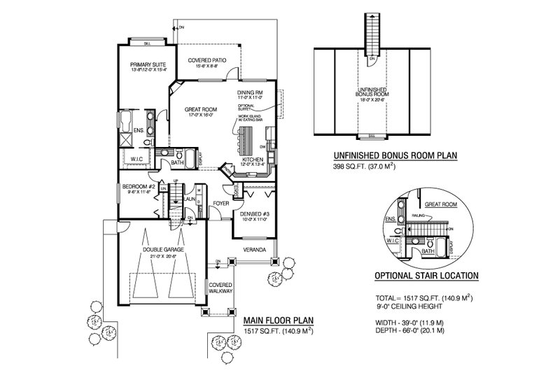 House Blueprint - Floor Plan - Main Floor for Craftsman House Plan #1100-177 - 3 bed, 2 bath