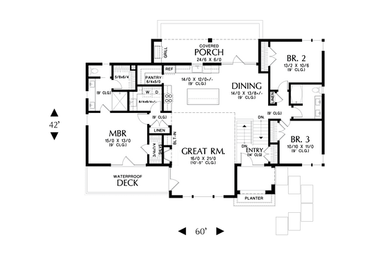 Floor Plan - Main Floor for Prairie House Plan #48-1048 - 4 bed, 3 bath