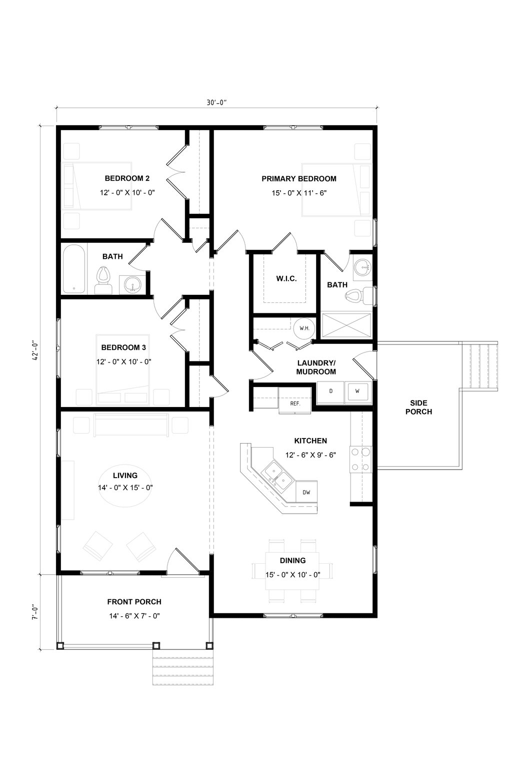 Floor Plan - Main Floor for Craftsman House Plan #936-25 - 3 bed, 2 bath