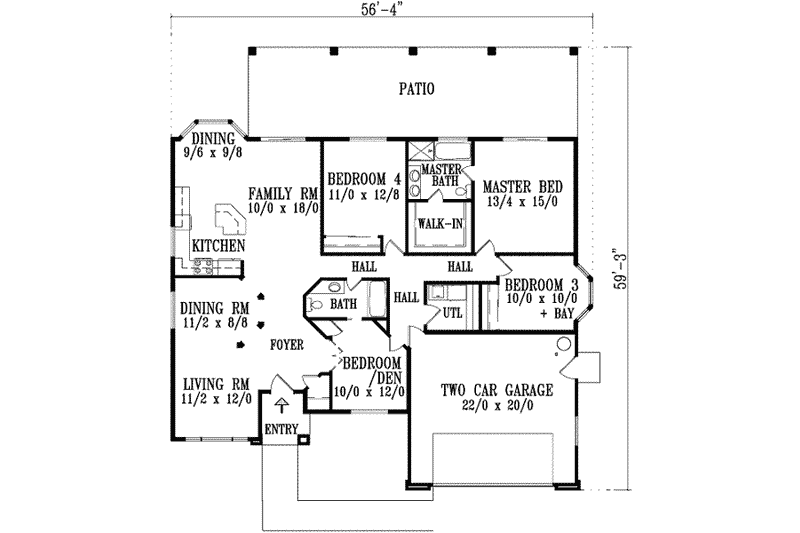 Home Plan - Floor Plan - Main Floor for Adobe / Southwestern House Plan #1-656 - 4 bed, 2 bath