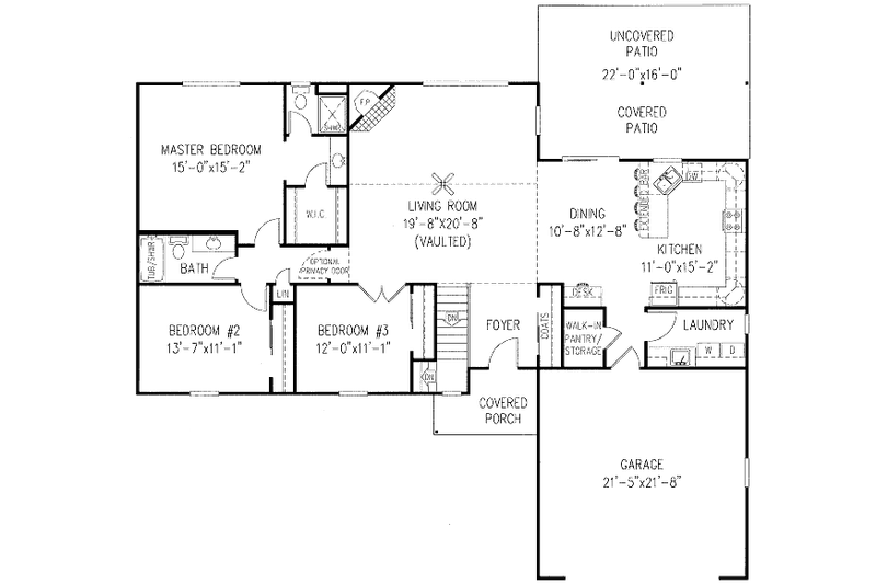 House Blueprint - Floor Plan - Main Floor for Ranch House Plan #11-107 - 3 bed, 2 bath