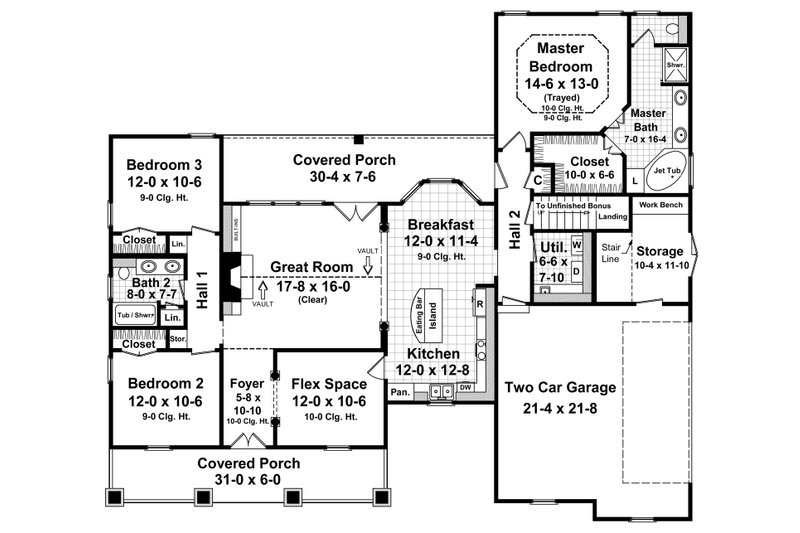 House Blueprint - Floor Plan - Main Floor for Farmhouse House Plan #21-512 - 3 bed, 2 bath