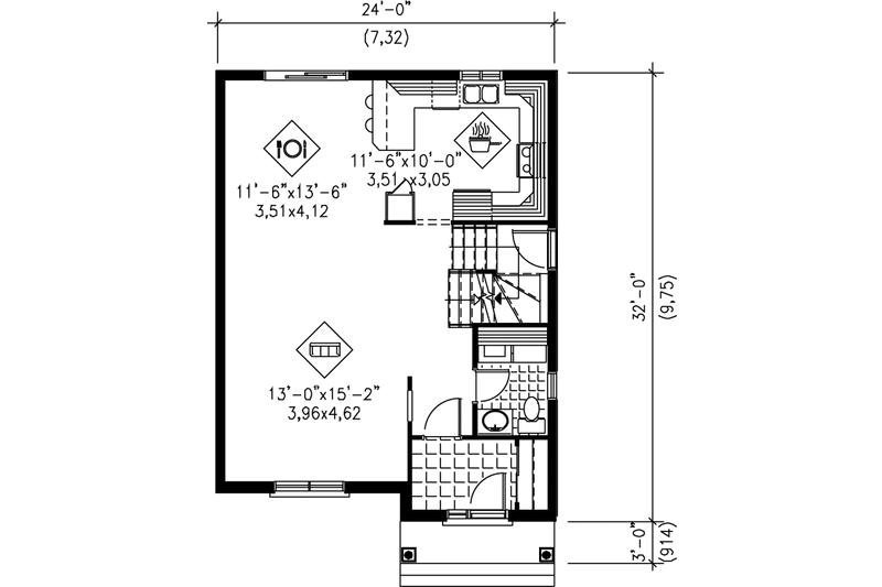 House Plan Design - Floor Plan - Main Floor for European House Plan #25-271 - 3 bed, 1.5 bath