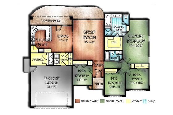Floor Plan - Main Floor for Mediterranean House Plan #24-166 - 4 bed, 2 bath