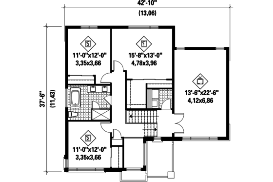 Floor Plan - Upper Floor for Contemporary House Plan #25-4421 - 3 bed, 1 bath