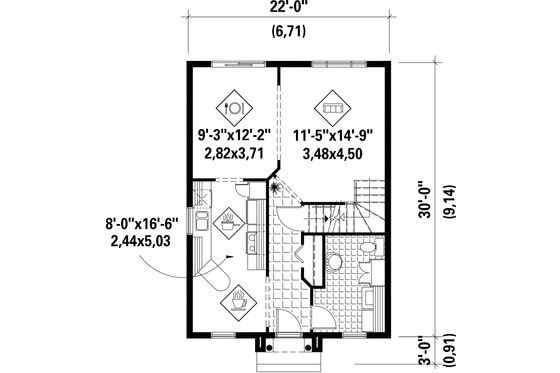 Floor Plan - Main Floor for European House Plan #25-4725 - 3 bed, 1 bath
