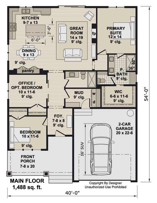 Floor Plan - Main Floor for Craftsman House Plan #51-1530 - 3 bed, 2 bath