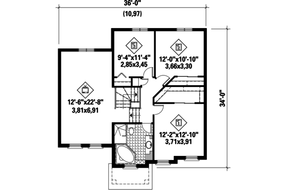 Floor Plan - Upper Floor for European House Plan #25-4606 - 3 bed, 1 bath