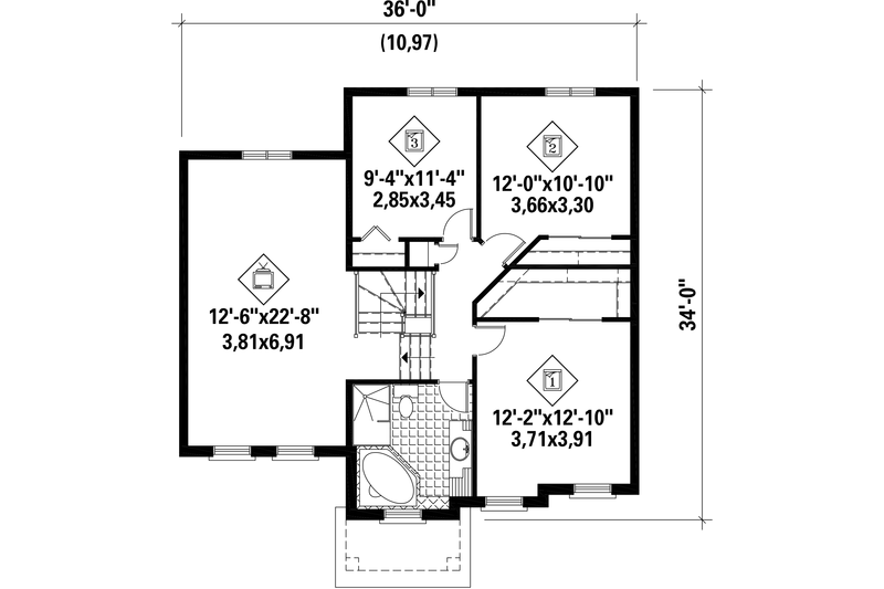House Blueprint - Floor Plan - Upper Floor for European House Plan #25-4606 - 3 bed, 1 bath