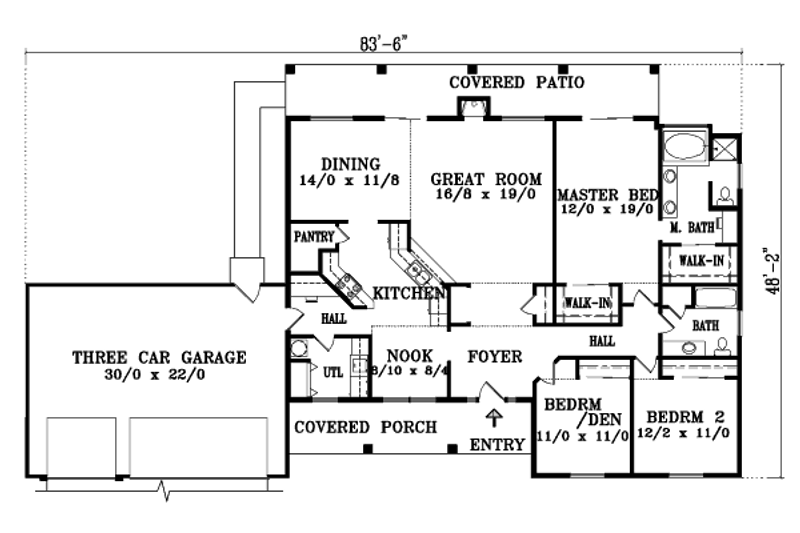 Home Plan - Floor Plan - Main Floor for Mediterranean House Plan #1-1390 - 3 bed, 2 bath