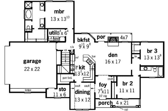 Floor Plan - Main Floor for Southern House Plan #16-269 - 3 bed, 2 bath